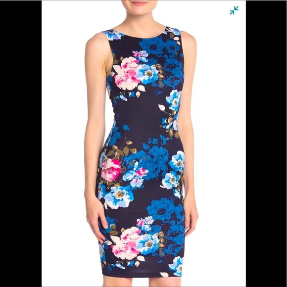 Love...Ady Blue Floral Body Con Mini Tank Dress Sz M low scoop back print dress - Picture 1 of 9